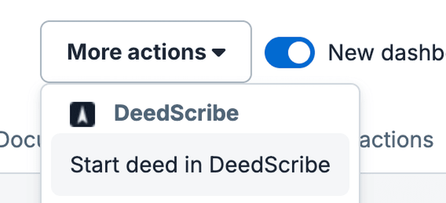 Clio's More actions menu open on a matter, showing a DeedScribe group with the item Start deed in DeedScribe.
