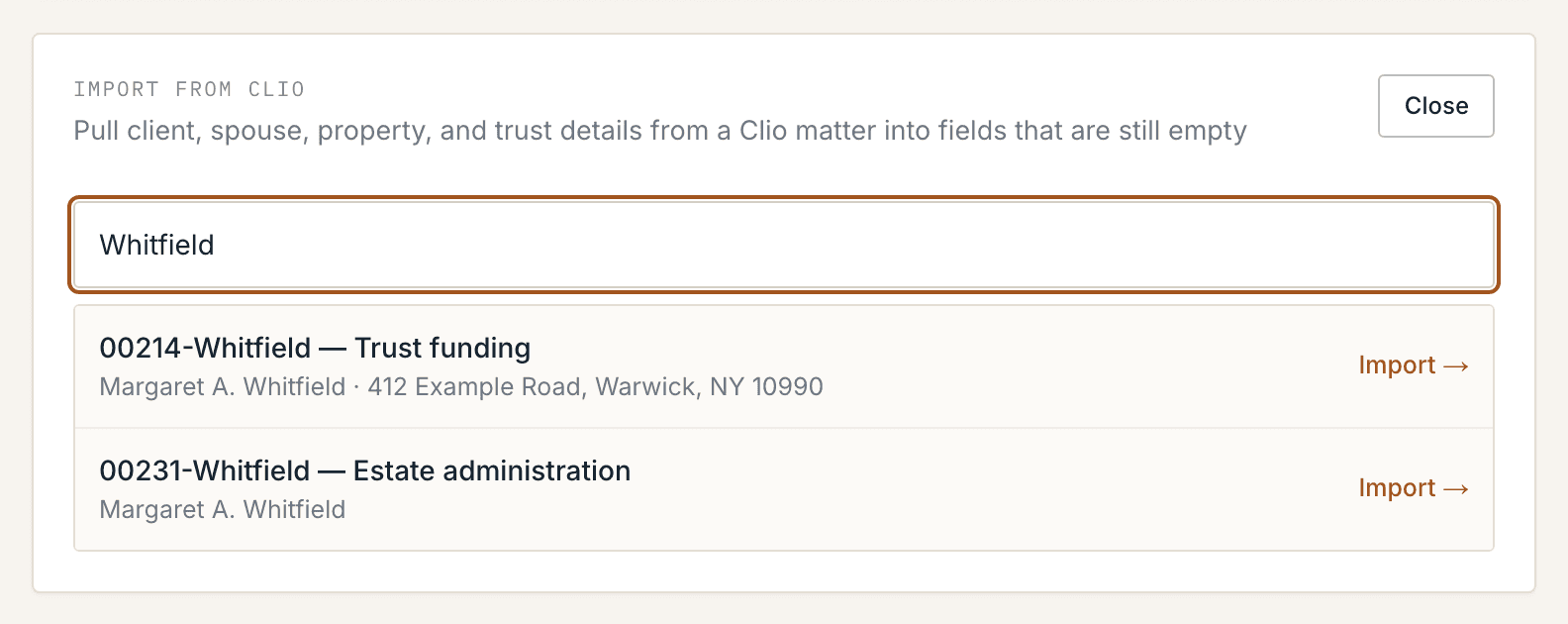 The Import from Clio card on the DeedScribe builder's Parties and details step: a search box with a typed query and a list of matching Clio matters, each showing the matter number and client name.