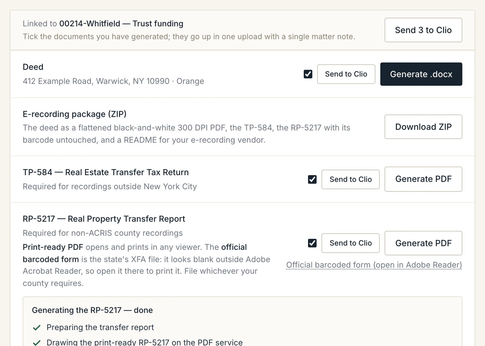 The DeedScribe Generate step: a bar naming the linked Clio matter with a Send 3 to Clio button, above a list of document rows — deed, TP-584, RP-5217 — each with a tick box, a download button, and a Send to Clio button.